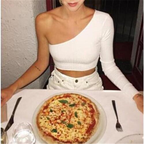 One Shoulder Long Sleeve Camisole Top Femal Knitted Crop Top Women Tops Streetwear Elastic Short Knitting Cropped Cami Tees