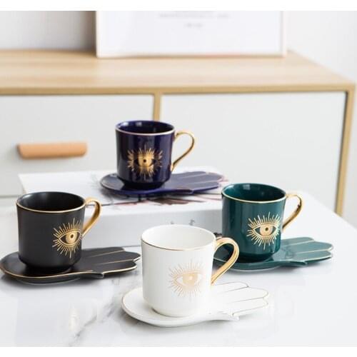 Creative Eye Mug and Palm Saucer Turkish Coffee Cups Quality Art Ceramic Tea Sets Gold Handle Eye of God Tumbler