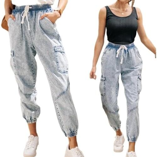 Korea Fashion Women Jeans Elastic Waist Loose Hole Vintage Denim Harem Pants Patchwork Pocket Jean Pants Top Quality Plus Size