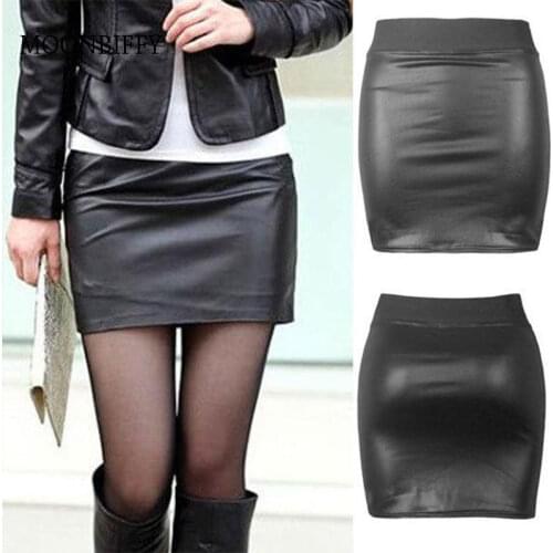 Women PU Leather Short Skirt Solid Color High Waist Slim Hip Pencil Skirts Vintage Bodycon Skirt Sexy Clubwear