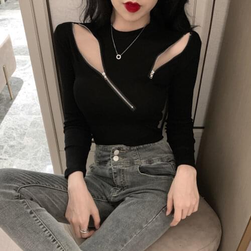 Woman Sweaters Chandails Autumn Knitted Irregular Zipper Scheming off-Shoulder Knitted T-shirt Top for Women