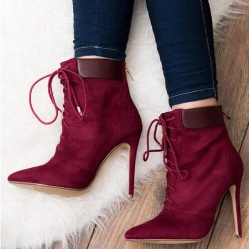 Sexy Red Suede Lace Up Boots Pointy Toe Stilettos Heels Gladiator Ankle Boots Shoes Women High Heels Ladies Dress Shoes