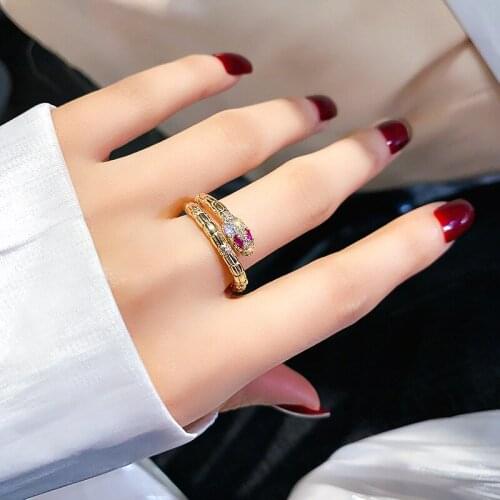 USTAR Rose Crystal Snake Rings for women Female Gold Opening Adjustable size Ring Fashion Jewelry gifts
