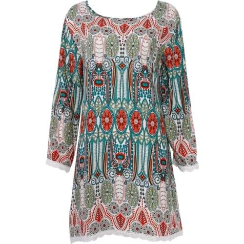 Women Three-quarters Sleeve Round Neck Vintage Floral Print Casual Beach Dress