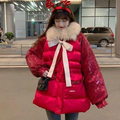 Sequin Stitching Winter Coat Fashion Big Fur Collar Down Parka Coat For ladies 2021 Mid-length High Quality Cotton Jacket Coat