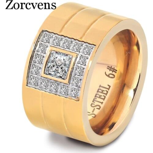 ZORCVENS 12mm Wide Ring Jewelry Silver Color Stainless Steel White Stone Anillos Rhinestone Women Party Engagement Rings