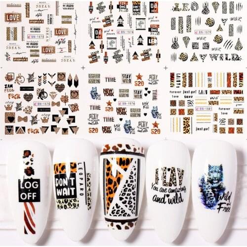 12 Style Leopard Print Nail Sticker Sexy Wild Animal Water Decal Letters Geometric Nail Art Decoration Transfer Decals