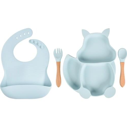 4PCS/Set Baby Bib Plates Set Food Grade Silicone Kitchenware Suction Childrens Tableware Silicone Compartment Cute Baby Dishes