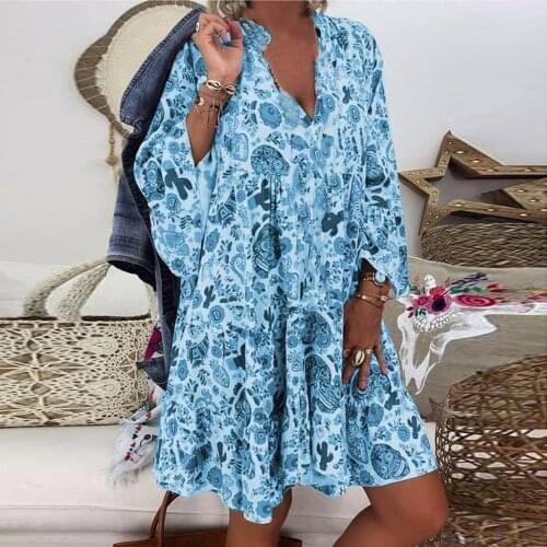 Bohemian Blue Women Loose Dress Long Sleeve V-collar Button Ladies Plus Size Mini Dress Print Ruffle Mini Party Dresses
