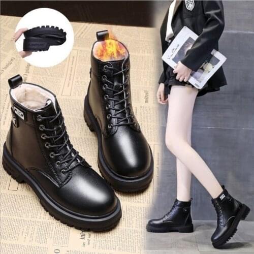 2021Lace-Up Chelsea Boots Chunky Boots Women Winter Snow Shoes Leather Plush Ankle Boots Black Female Fashion Combat Booties