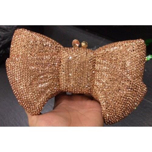 Boutique De FGG Novelty Women Bow Clutch Crystal Evening Bags Hard Case Metal Minaudiere Rhinestone Handbags Wedding Party Purse
