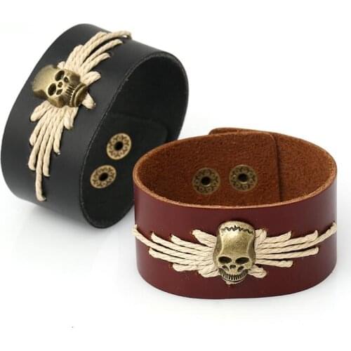 Punk Gothic Vintage Skull Charms Bracelet Rope Wide Genuine Leather Wristbands Skeleton Bangle Cuff Unisex Biker Fashion Jewelry
