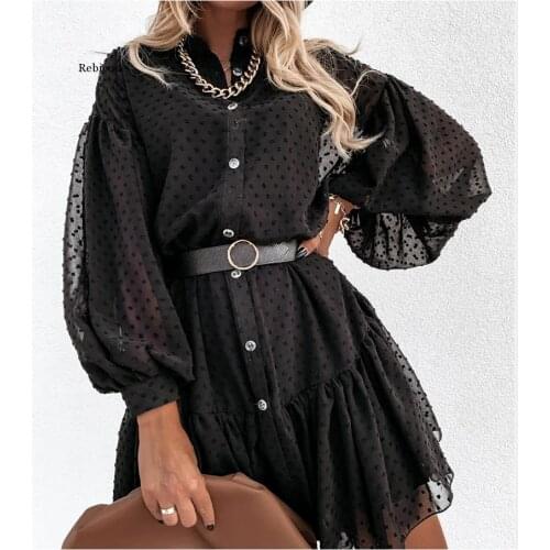 Elegant Black Dot Party Dresses Women Petticoat Long Sleeve Button Ruffle Ladies Mini Day Dress Female Christmas Clothes