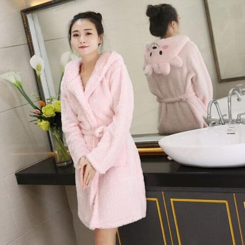 H5695 Women Warm Robe Female Winter Korean Cartoon Hooded Flannel Bathrobe Lady Plus Velvet Thickened Home Clothes Sleepwear