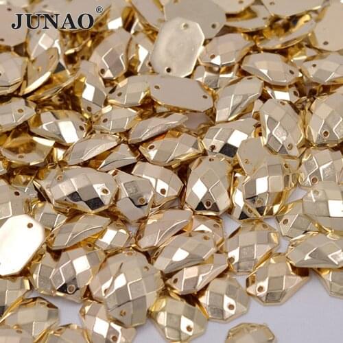 JUNAO 10*14mm Sewing Gold Color Rhinestones Crystal Appliques Sew On Crystal Stones Acrylic Strass For Clothes Apparel Crafts