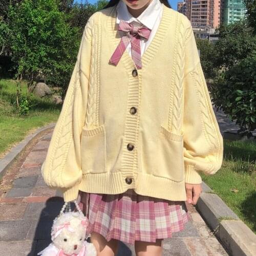 Kawaii Knitted Sweater Women Autumn Winter Japanese Sweet Cute College Style Knitted Sweater Loose Twist Knit Cardigan Sweaters