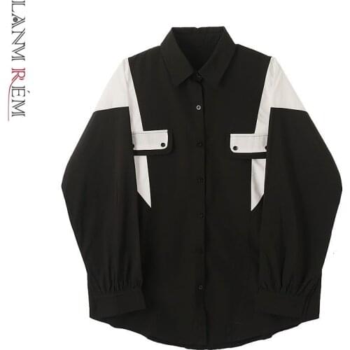 LANMREM Design fashionable contrast color stitching all-match long-sleeved oversize shirts for women 2021 autumn new tops YJ990
