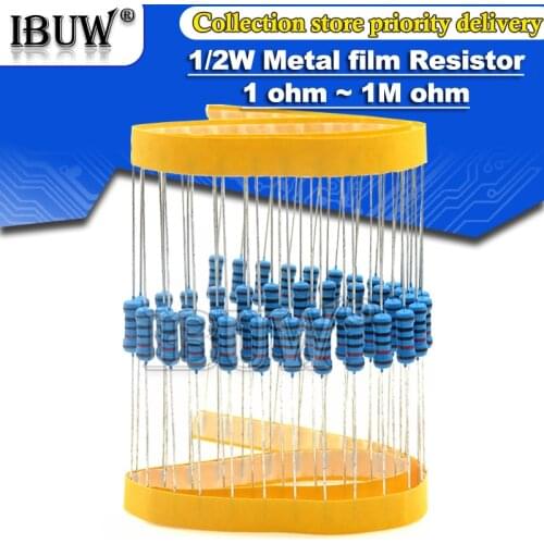 50pcs 1/2W Metal film resistor 1R~2.2M 100R 220R 330R 1K 1.5K 2.2K 3.3K 4.7K 10K 22K 47K 100K 100 220 330 1K5 2K2 3K3 4K7 ohm