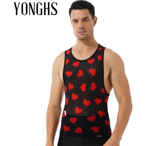 Mens Fashion Transparent Vest Tops Heart Print Tees See-Through Mesh Tank Top Breathable Round Neck Sleeveless Slim Fit T-shirt
