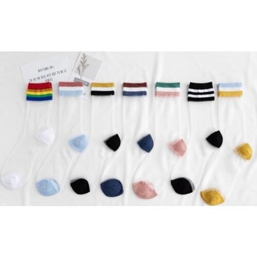 10pais/lot Japanese style woman summer Rainbow Striped Crystal crew socks lady Ultrathin Transparent glass socks