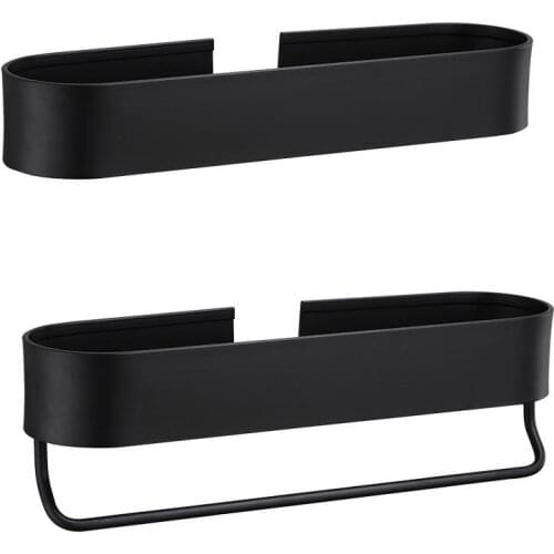 New 2Pcs Black Bathroom Shelf 50cm Kitchen Wall Shelves Shower Basket Storage Rack Towel Bar Robe Hooks Bathroom Accessories