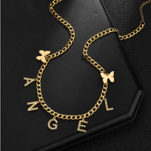 Personalized Name Butterfly Necklace For Women Girl Initial Crystal Big Letter Name Choker Pendant Stainless Steel Jewelry Gift