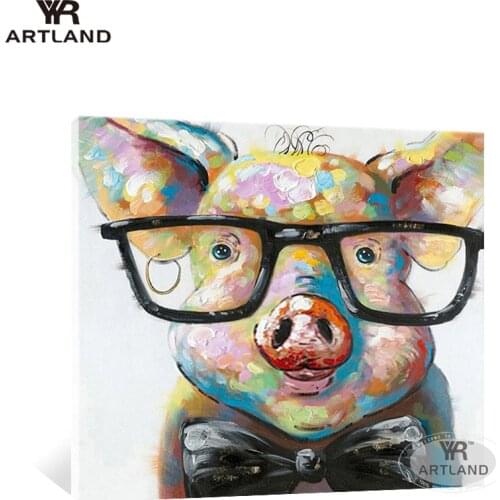 Gift Handmade oil painting on canvas abstarct animal Cartoon pig with glasses wall art pictures for living room bedroom