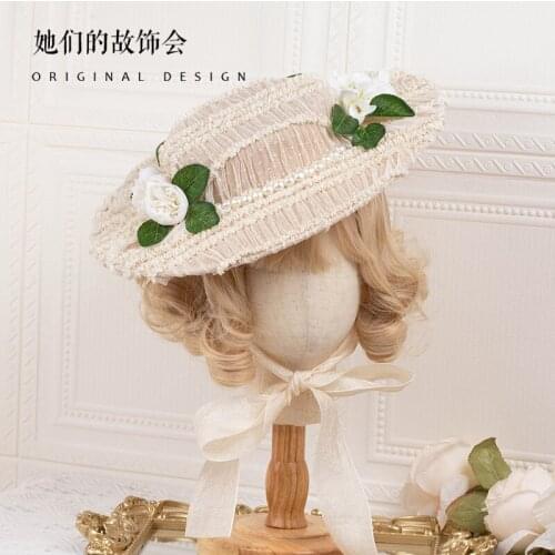 French Flat Hat Lolita Summer CLA Classical Hat Lace Flower Han Yang Eclectic Gentle Temperament Straw Hat for Women