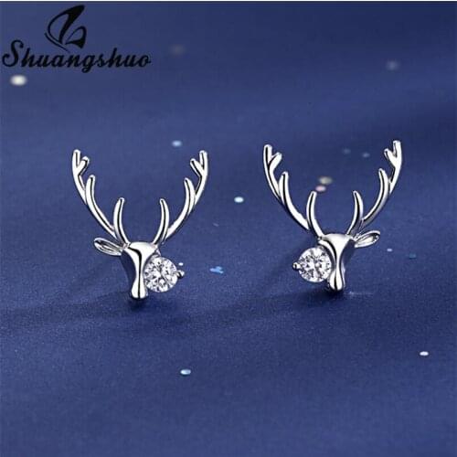 Shuangshuo Crytal Cute Deer Antlers Christmas Animal Stud Earrings for Women Girls New Year Ear Earings Piercing Jewelry