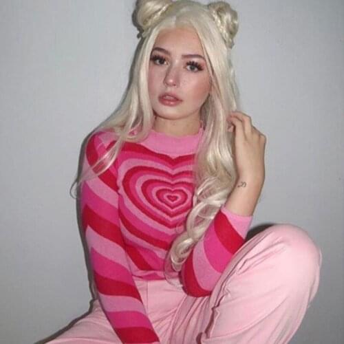 Sweet Heart Striped Turtleneck Pullovers Sweater Women Vintage Long Sleeve Hot Pink Sweater Harajuku Knitwear Autumn Slim Jumper