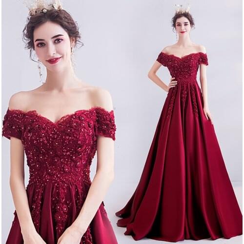 CloverBridal Satin Off-The-Shoulder Beaded Lace Appliques Prom Dresses Burgundy Birthday Party Gowns Bridesmaid Dress WP9276