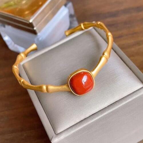 Sterling Silver Bracelet Womens Fashion Personality Retro Gilding Bracelet Womens Fine Circle Natural South Red Open-Ended