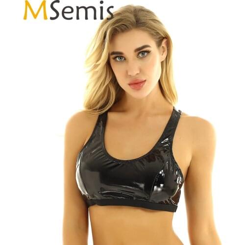 MSemis Womens Stage Dancing Clothes Shiny Wet look Patent Leather Tank Crop Tops Rave Festival Tops Disco Pole Dance Bra Vest