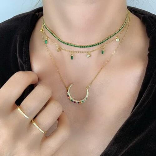 2021 Summer New Style Gold Filled Colourful Moon Charming Rainbow Cz Color Necklace Women Lady Classic Fashion Gorgeous Jewelry