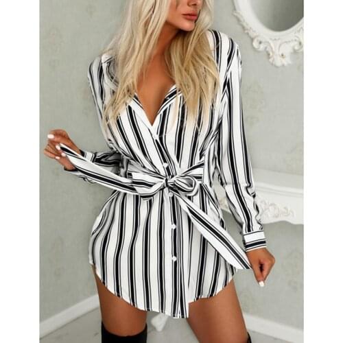 Women Dress Fashion Long Shirt Dress Turn-down Collar Stripe Summer Mini Dress Shirtdress Ladies Dresses Lace Up Bandage Dresses
