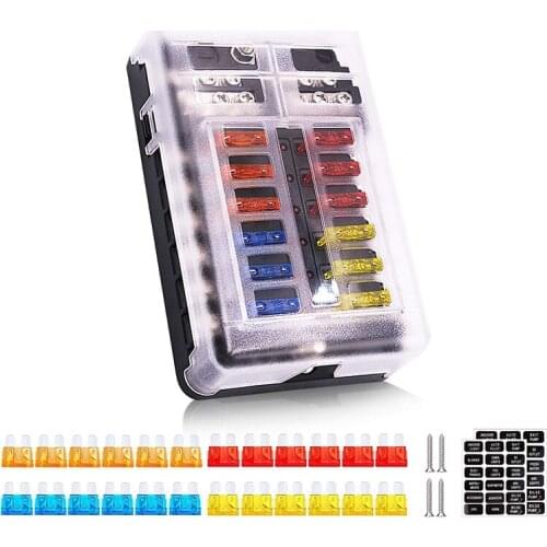 12 Way 12V Fuze Box 12Volt Blade Fuze Block, 12 Circuit W/Negative Bus Waterproof Fuze Box with LED Indicator