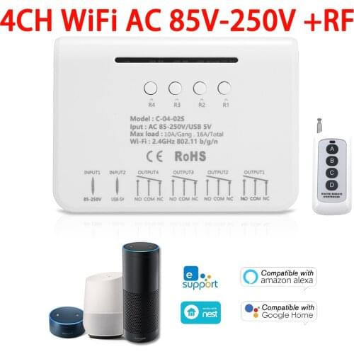 4 Way eWelink WiFi Relay Module Remote Switch 7-32V 85-250V 10A Time Delay Relay For Smart Home Compatible Alexa Google Home