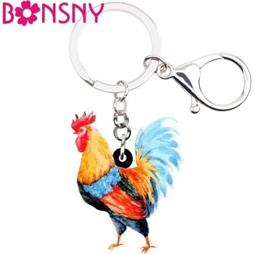Bonsny Acrylic Anime Colorful Chicken Rooster Key Chains Keychain Rings Farm Animal Jewelry For Women Girls Handbag Accessories