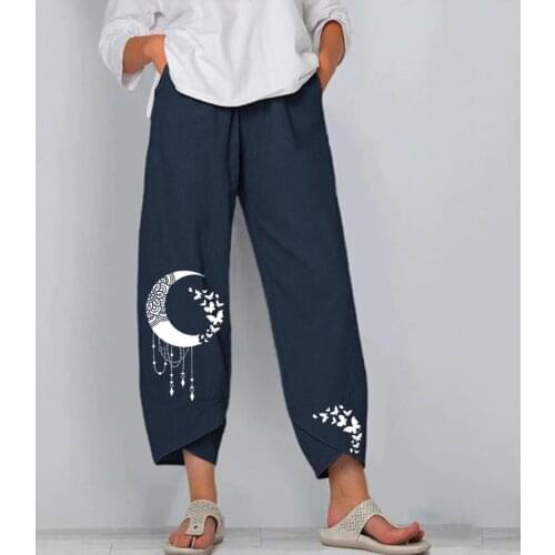 Summer 2021 Womens Pants Casual Loose Cotton And Linen Embroidered Wide-leg Pants Moon Print Cotton And Linen Trousers