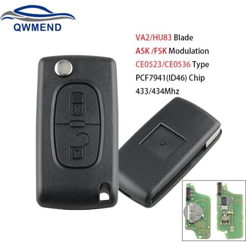BHKEY 2BUT Remote Car Key for Peugeot 207 307 208 308 408 2005-2011 ID46/PCF7941 Chip 433Mhz ASK/FSK CE0523/CE0536