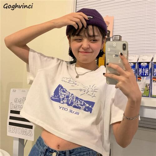 Summer Print Cotton Short Sleeve T-shirts Women Sweet Loose Crop Tops Breathable Leisure Korean Style Slim Outwear Tees Ulzzang