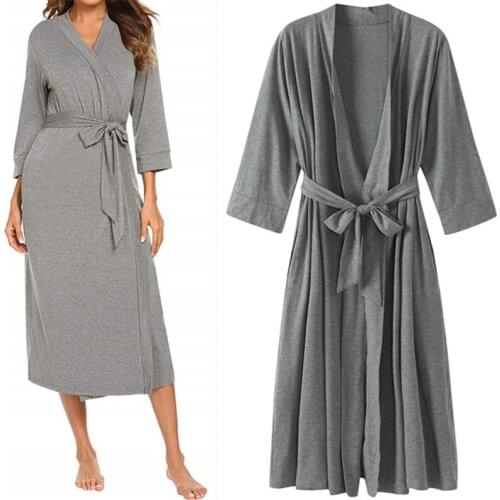 Womens Bathrobe Cotton Robe Womens Kimono Pajamas 4/3 Sleeve V-neck Lightweight With Belt Long Bathrobe Sleepwear Pijama Mujer