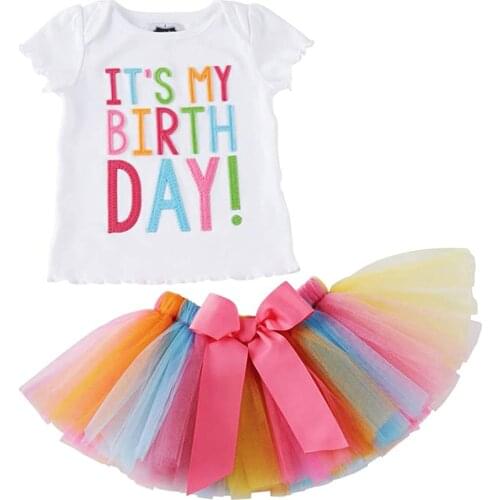 Girls' Skirts Set Girls' Its My Birthday Print Short Sleeve T-shirts Tutu Skirt Dress Outfit Set Rainbow Birthday skirt outfits