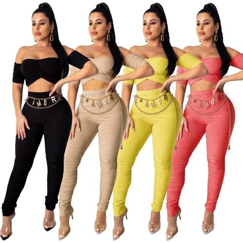 Summer 2 Piece Set Jumpsuit Women Club Outfits Off Shoulder Crop Top with Ruched Stacked Pants Leggings Female Bodycon Tracksuit