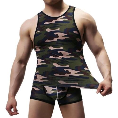 Sexy Men Clothes Set Bodybuilding Sleeveless Vest Sweatshirt Sportswear Top Camouflage Undershirt Men Tank Top Casual Boxershort