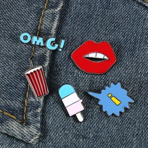 OMG!Cartoon Funny Brooch Lips Ice Cream Cola Pins Metal Enamel Badges Fashion Jewelry Gift for Best Friend Backpack Denim Button