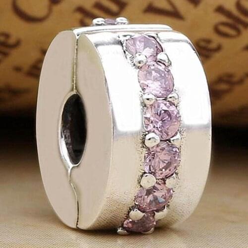 Original Pink Shining Path With Crystal Clip Lock Stopper Bead Fit 925 Sterling Silver Charm Bracelet Bangle Diy Jewelry