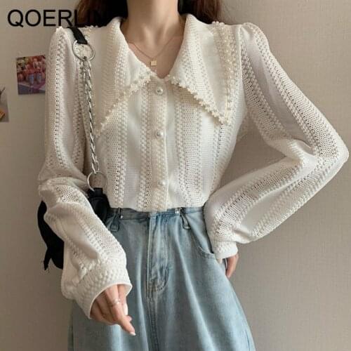 QOERLIN Big Peter Pan Collar Blouse Women Elegant Single-Breasted Lace Shirt Korean Ivory Hollow Out Shirt Chiffon Top Plus Size