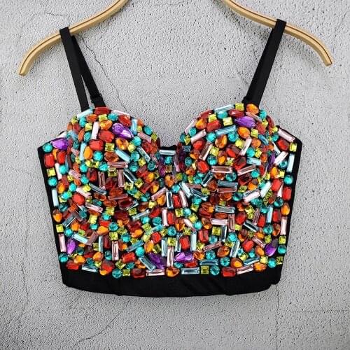 Sexy Colorful Rhinestones Corset Push Up Bra Clubwear Party Bustier Crop Top Festive Clothing
