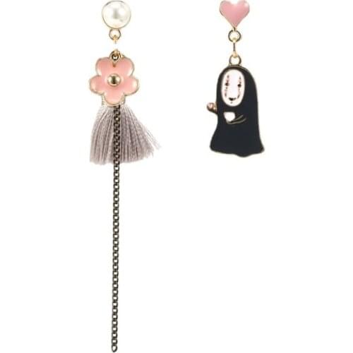 GY Earrings Cherry Blossom Super Fairy No Face Man Pearl Tassel Womens Long Asymmetric Pink Girly Earrings 925 Silver Needle